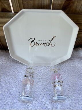 Brunch Theme Set, 2 Stemless 8oz Champagne Flutes & 1 Octagon Appetizer Tray 10”